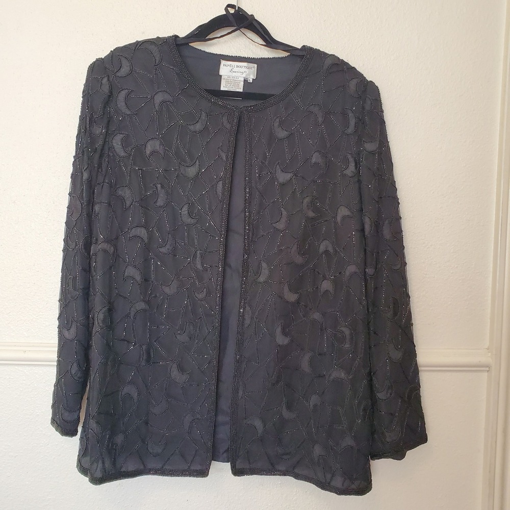 Papell Boutique Evening Silk Beaded Jacket Black Crescent Moon Formal Large